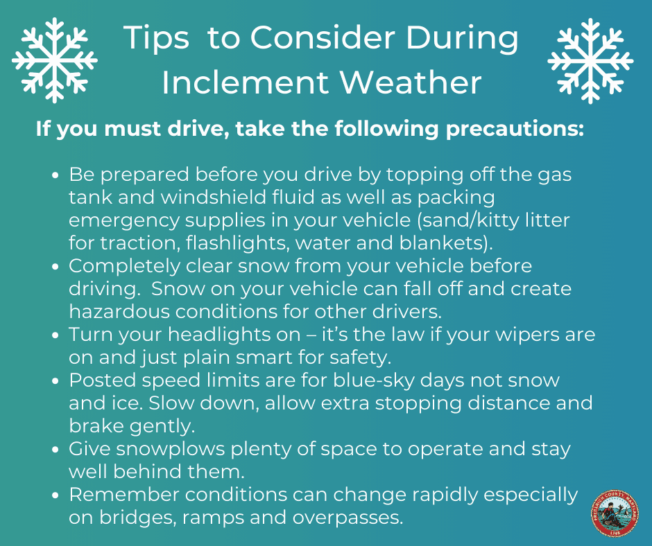 Tips on staying safe during inclement weather in white text.