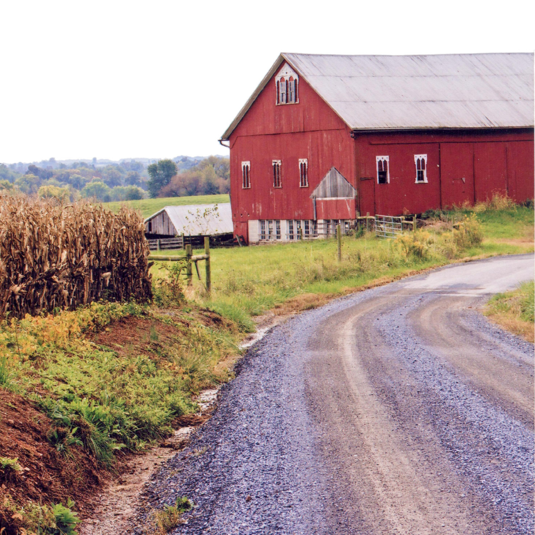 Gravel Road with Field and Barn