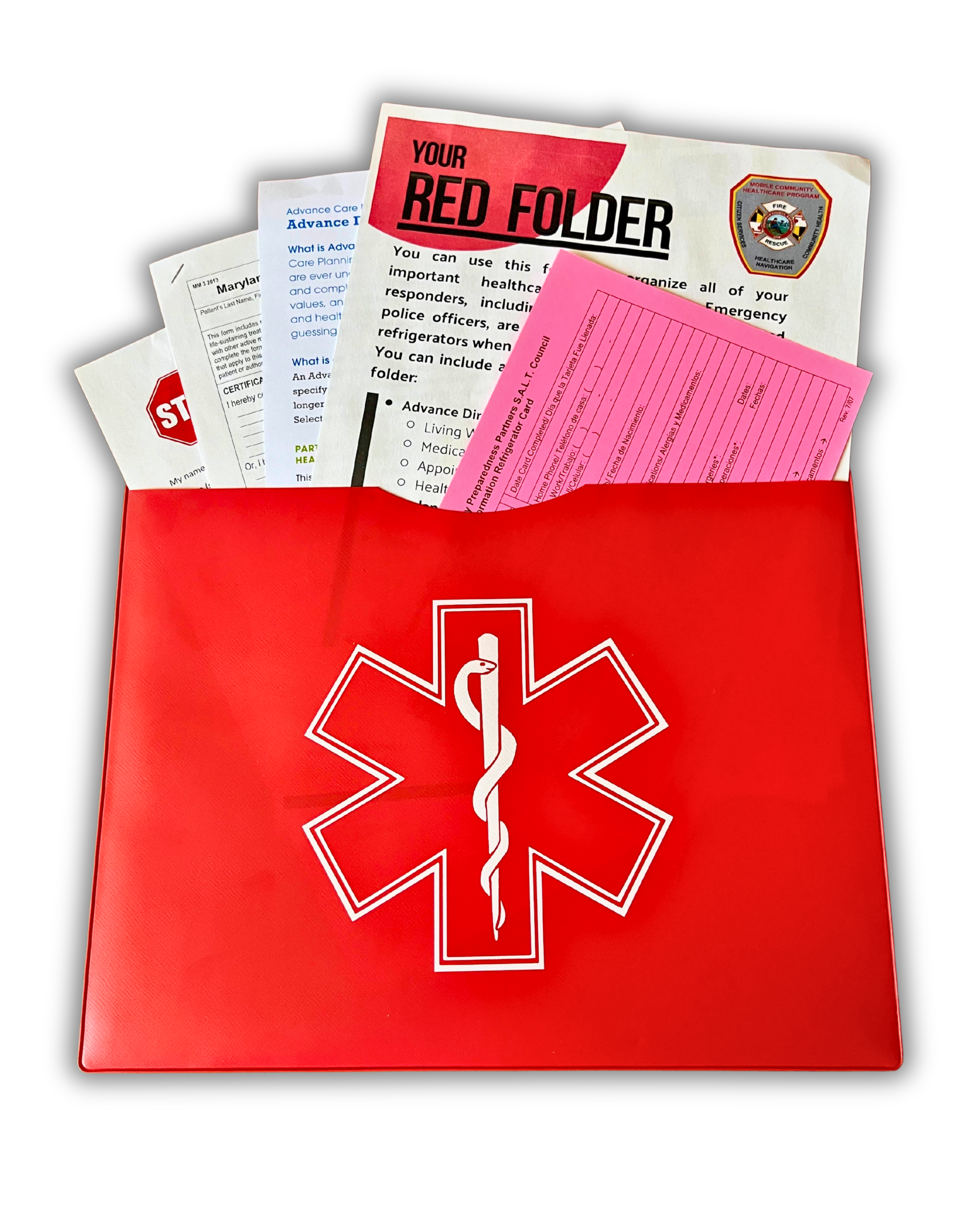 Red Folder with EMS symbol holding various healthcare documents 