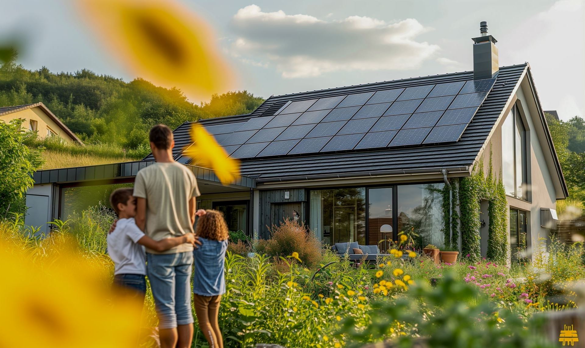 Image of a family looking at a home with solar panels on the roof.