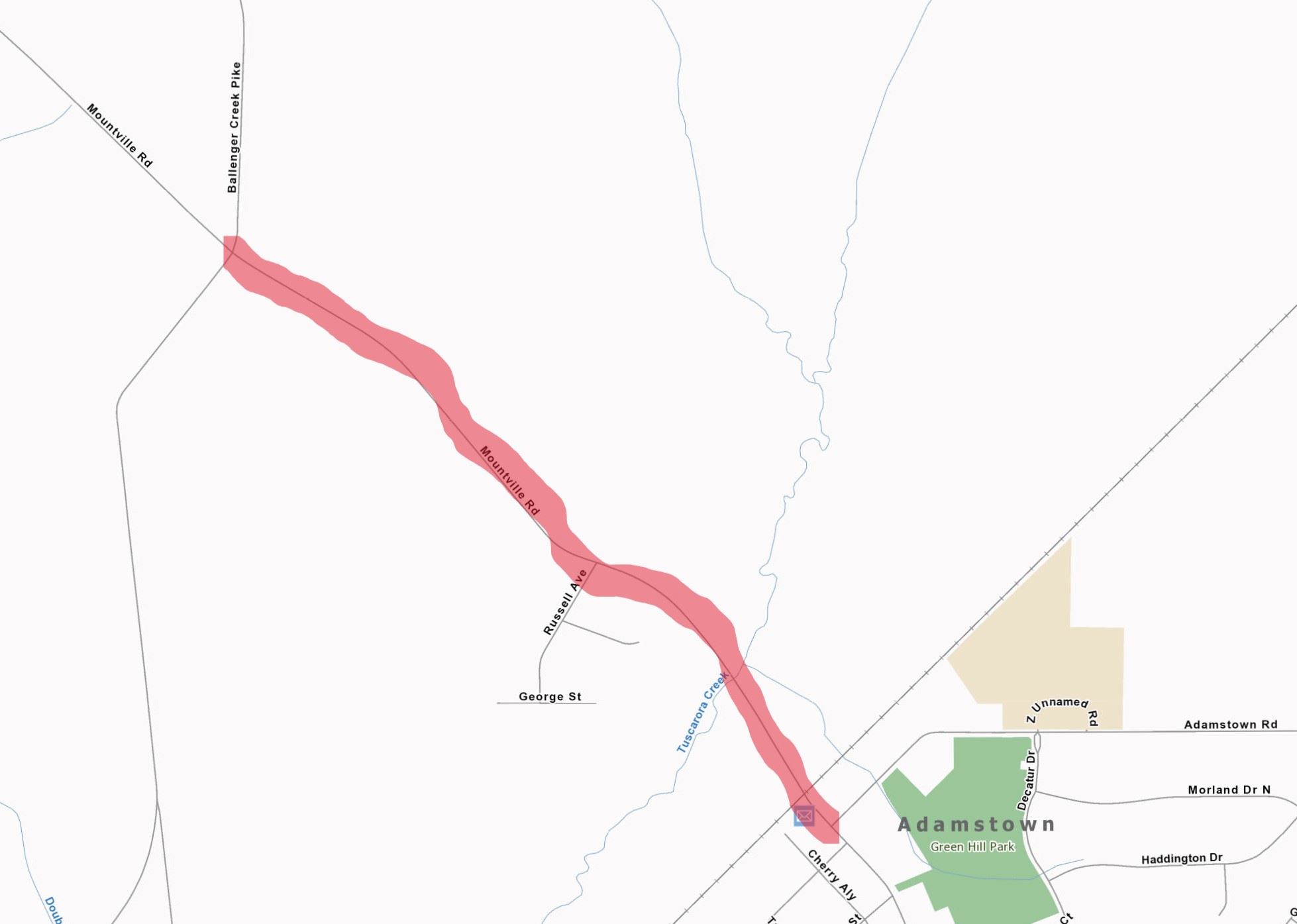 Map showing the stretch of Mountville Road that will be closed