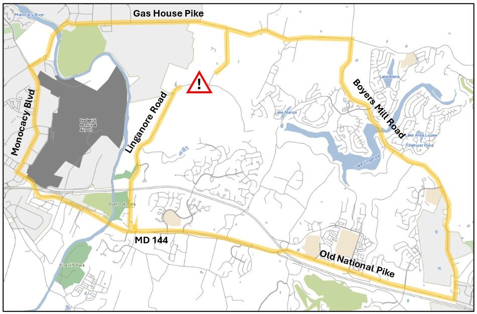 Map showing the location of a closure on Linganore Road