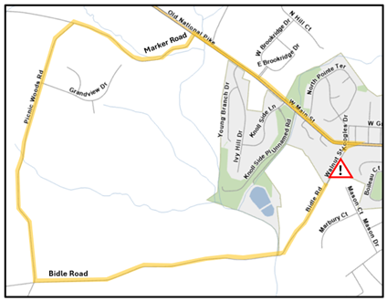 A map showing the road that will be closed and the detour route